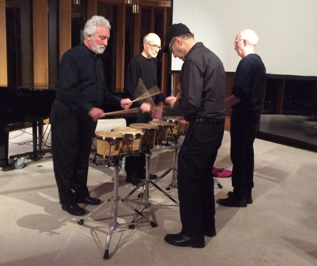 Garry Kvistad, Russell Hartenberger, Steve Reich, Bob Becker playing Drumming, Pt. I, Integral House, Toronto, April 11, 2016. Photo courtesy of Soundstreams Canada.